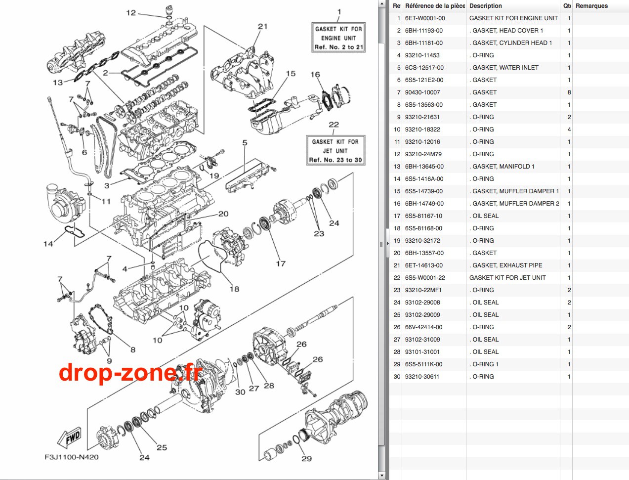 Kit réparation FX SVHO-Cruiser 14-17/ FZR-FZS SVHO 14-16/ FX SHO-Cruiser 13-15/ FZR-FZS SHO 13/ GP 1800 17